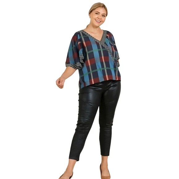 Plus Size Plaid V Neck Faux Wrap Flutter Sleeve Blue Top - Picture 1 of 5